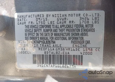 2016 Nissan Versa 1.6 Sv из США, поврежденный, VIN 3N1CN7AP1GL826794